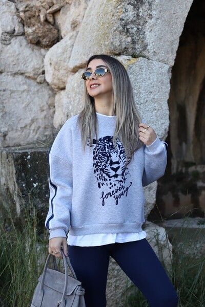 bytugcekaya Gray Tiger Printed Tshirt Detailed Sweatshirt