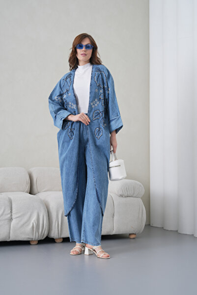 Miss Allos Women's Front Embroidered Beaded Denim Kimono Cardigan and Denim T...