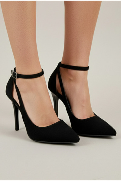 ŞAH Μαύρα σουέτ παπούτσια με λουράκι στον αστράγαλο και τακούνι 11 εκ.