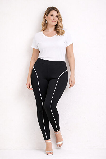 Şans Γυναικείο Μαύρο Κολάν Μεγάλου Μεγέθους με Λεπτομέρεια από Ατσάλινη Λωρίδ...