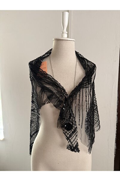 Nurcanilirboutique Siyah kristal taşlı boncuklu üste atmalık omuz şalı