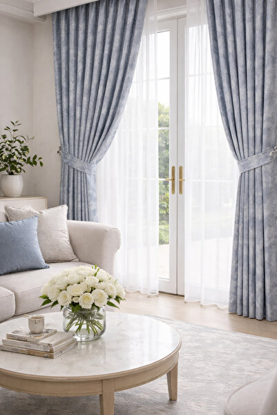 Fluiana Mavi Desenli Fon Perde|Sık Pile Dikim|Kırışmaz Yıkanabilir Fon Perde