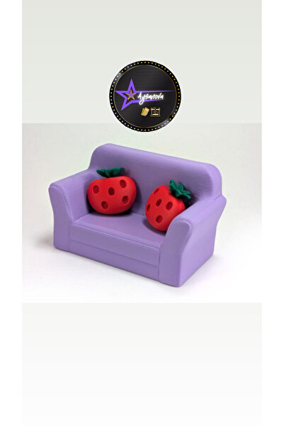 aysanova Dekoratif Minyatür Mor Koltuk ve Çilek Yastık Seti-Bebek evi için ak...
