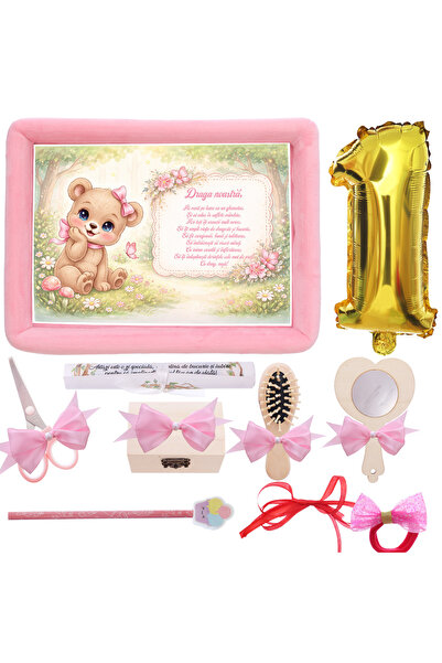 Recostore Tava mot/turta fete, 1 an, Ursulet, catifea roz, 10 piese, 34x25 cm...