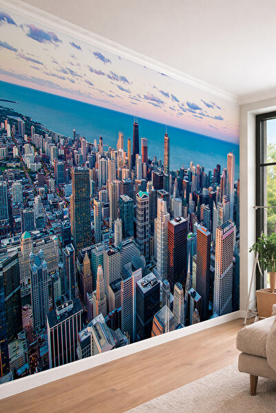 dreamwall 3D Gökdelenler ve Deniz Manzaralı Şehir Panoramalı Tek Parça Teksti...