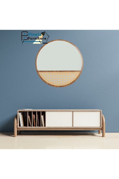 PixelsFurniture Round wall mirror with a rattan design, wooden frame and base...