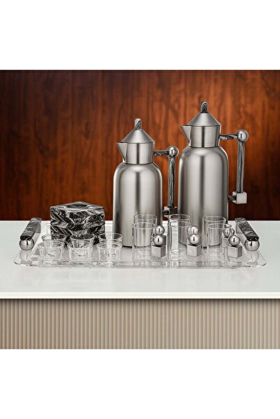 Almarjan Tea & Coffee Set 21 Pieces Matt Nickel with Marble
