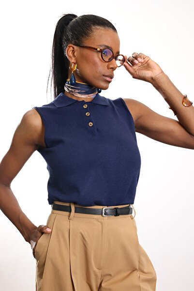 5in1Canpolat Navy Blue Polo Collar Sleeveless Knitwear 4760