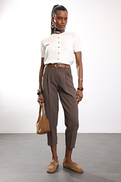 5in1Canpolat Brown Belted Carrot Cut Trousers 50938