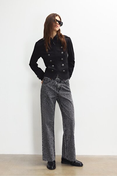 Stradivarius Leopar desenli straight geniş paça jean