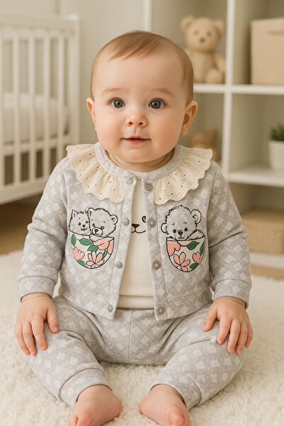 Beruflic Brode Embroidered Heart Patterned 3-piece Cardigan Girl Baby Set