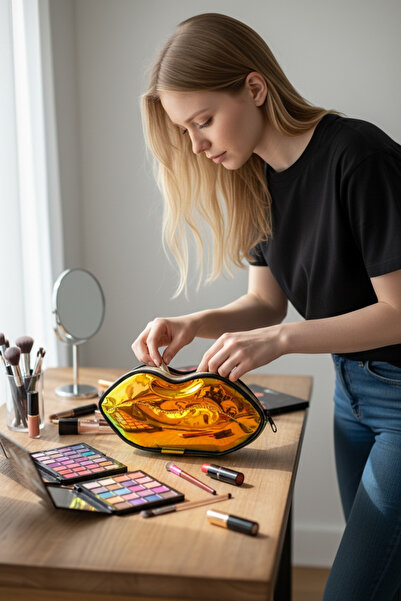 sç Saraçoğlu Çanta Lip Shaped Hologram Shiny and Luxurious Makeup Bag (25X11X5)