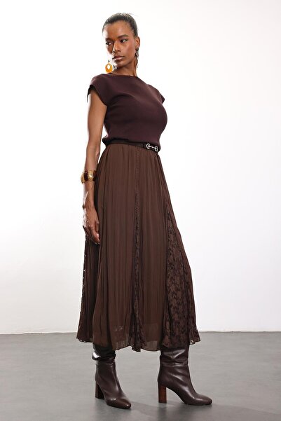 5in1Canpolat Brown Lace Detailed Pleated Skirt 3371