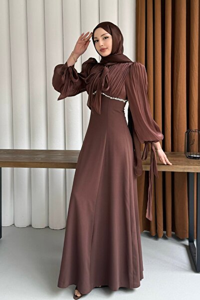 Modaensarbutik Elegance Taş Detaylı Balon Kol Tesettür Abiye-KAHVERENGİ