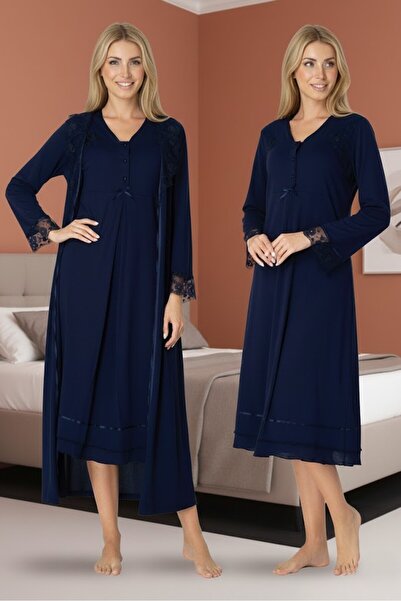 Lohusa Homewear Ženska tamnoplava elegantna Čipka detaljna haljina dugih ruka...