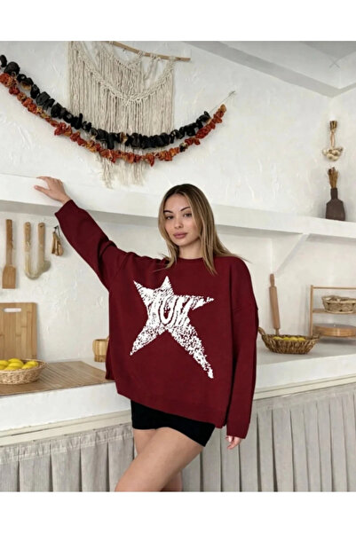 bysoca Women's Burgundy Star Patterned Crew Neck Long Sleeve Oversize Knitwea...