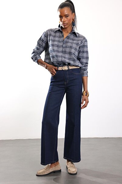 5in1Canpolat Navy Blue High Waist Wide Leg Jeans