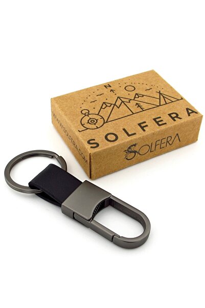 Solfera Kanca Hook Design Black Leather Anthracite Gray Metal Keychain Ky151