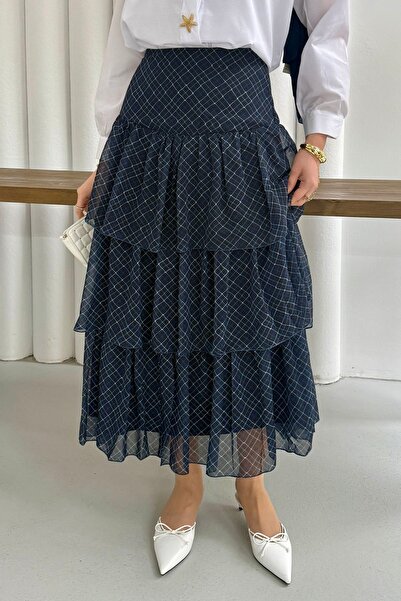 Modaensarbutik Beli Lastikli Kat Katlı Şifon Etek-LACİVERT