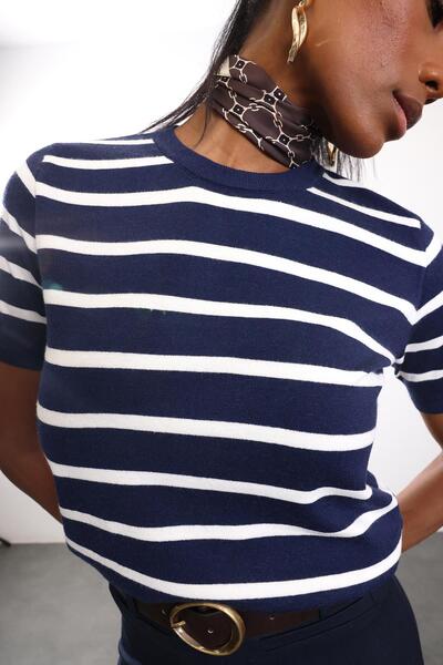 5in1Canpolat Navy Blue Striped Short Sleeve Knitwear 4562