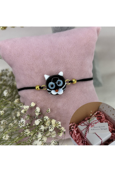 SEHERDEN Murano Cam El Yapımı - Özel Tasarım - Kedi Figürlü Ayarlanabilir İpl...