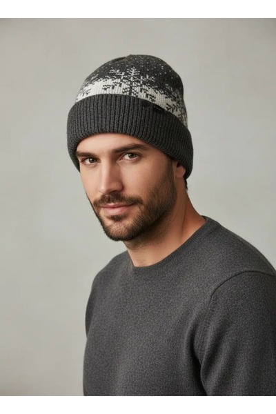 CANMODA Unisex Snowflake Patterned Anthracite Winter Knitted Fleece Beanie - ...