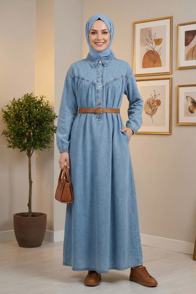 Hb Harma Time Butik Women's Belted Buttoned Light Blue Denim Hijab Dress