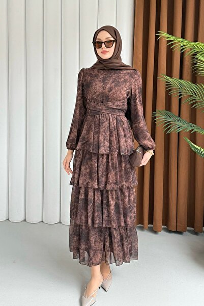 Modaensarbutik Neva Otantik Motifli Şifon Tesettür Elbise-KAHVERENGİ