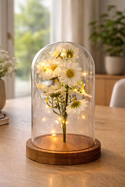 Zemtigo Lüx Ahşap Tabanlı Fanus Içerisinde Peri Led Işıklı Solmayan Papatya Ç...