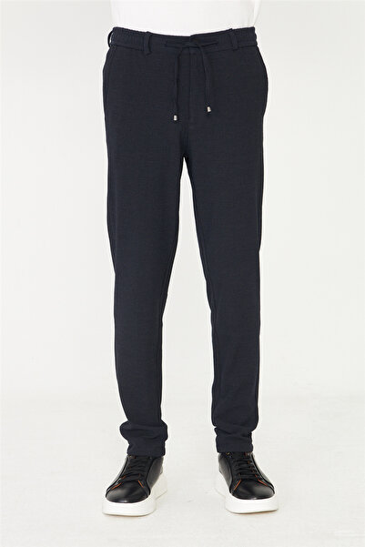 White Stone Navy Blue Micro Patterned Lace-Up Modern Jogger Pants