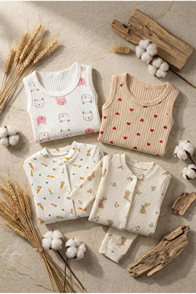 Noone 4'lü Bebek Tulum ve Body Seti, %100 Pamuklu, Havuç Tavşan Ayıcık Desenl...