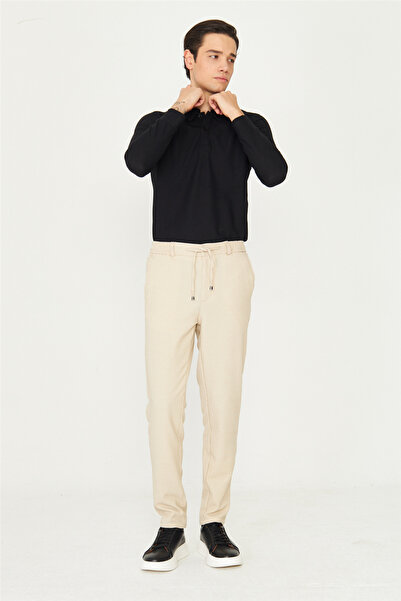 White Stone Beige Micro Patterned Lace-Up Modern Jogger Pants