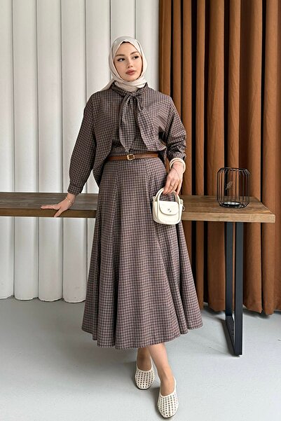 Modaensarbutik Ekose Fularlı Gömlek Ve Etek Tesettür Takım-GÜL KURUSU