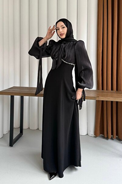 Modaensarbutik Elegance Taş Detaylı Balon Kol Tesettür Abiye-SİYAH