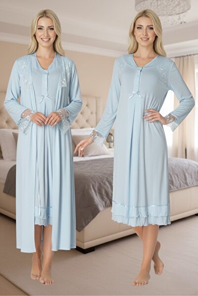 Lohusa Homewear Women's Blue Elegant Lace Detailed Long Sleeve Special Design...