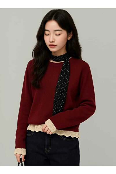 MetuCA Bluză elegantă de damă, bordeaux, cu dantelă brodată, decolteu tip bic...