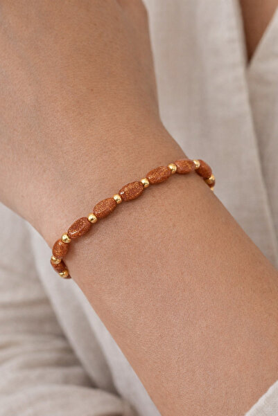 tutu tasarım alaçatı سوار بسيط مزين بخرز من الحجر الطبيعي بلون ذهبي - سوار نس...