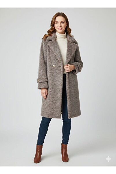 marvion Kadın Kruvaze Yaka Uzun Tüylü Kürt Kaban