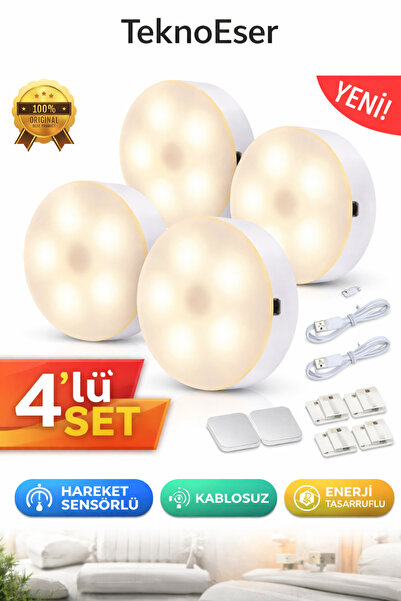 TeknoEser 4’lü Hareket Sensörlü LED Gece Lambası – Kablosuz, Şarjlı, Otomatik...