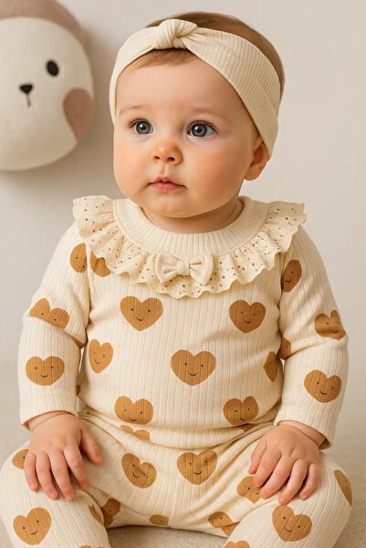 Beruflic Heart Printed Scallop Collar 3 Piece Baby Girl Set 100% Cotton