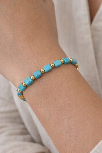 tutu tasarım alaçatı سوار بسيط مزين بخرز من الحجر الطبيعي بلون ذهبي - سوار نس...