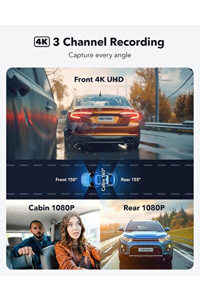 Redtiger كاميرا F17 4K ثلاثية القنوات للسيارة