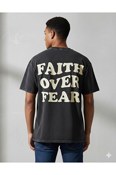PENTHİLUS Faith over Fear Digital Print T-Shirt - Acid Wash Oversized Unisex ...