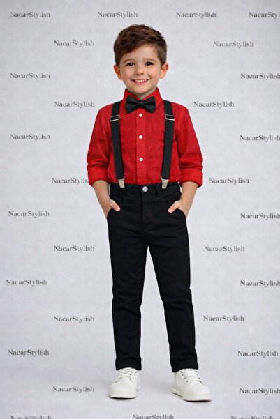 Nacar Erkek Çocuk 23 Nisan 29 Ekim Keten Gömlek&Pantolon&Askı Papyon Set - Gö...