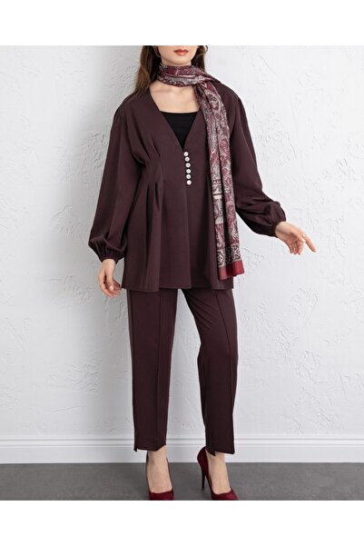 Modamorfo Stoned Buttoned Elastic Sleeve Double Trouser Suit -K. Burgundy
