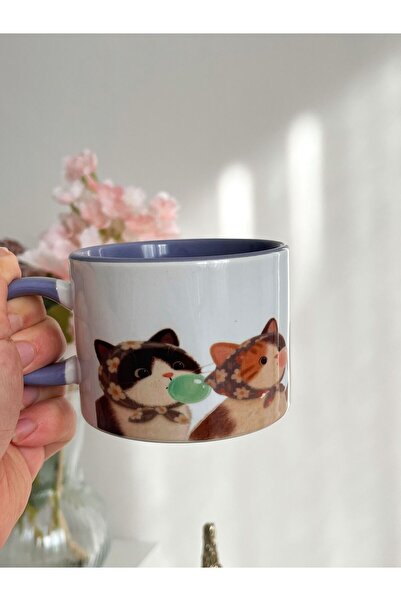 Ceribo Co. Baskılı Seramik Kupa Sakız ve Kedi Temalı Baskılı Çay ve Kahve Kupası