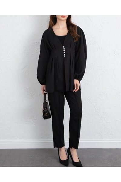 Modamorfo Stoned Buttoned Elastic Sleeve Double Trouser Suit - Black