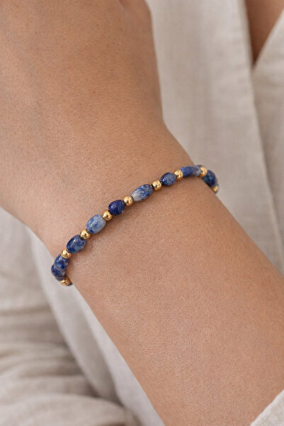 tutu tasarım alaçatı سوار بسيط مزين بخرز من الحجر الطبيعي بلون ذهبي - سوار نس...