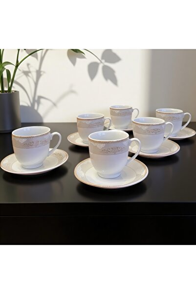 Malooki Elegant Ivory Gold Tea & Coffee Set, 6 Decorated Porcelain Cups and S...