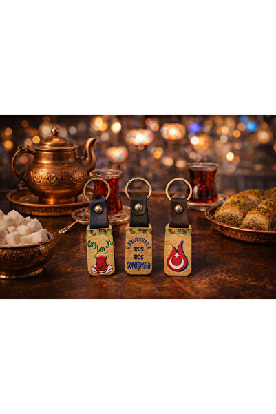 seymenbıçakçılık Set de 3 brelocuri din piele și lemn